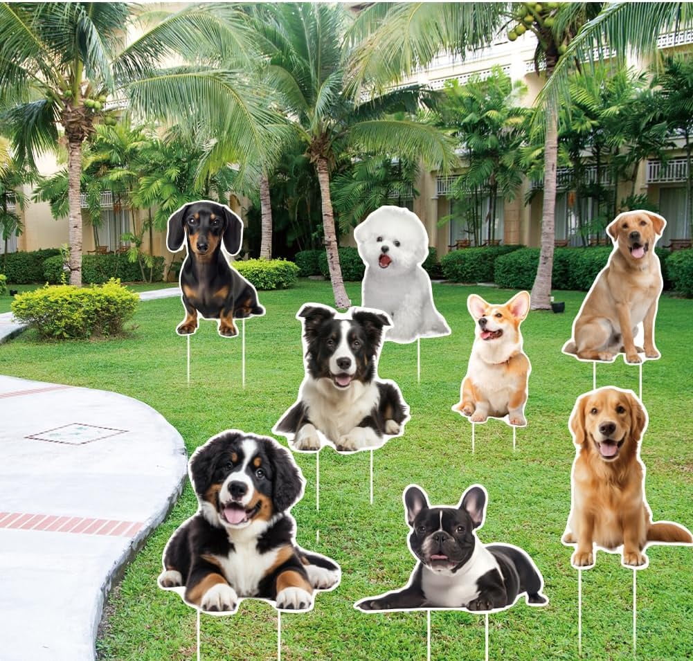 8Pcs Dog Yard Sign with 16 Stakes Cute Dog Party Lawn Decorations Animal Theme Party Waterproof Sign Yard Outdoor Lawn Decorative Sign
