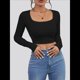thumbnail image 5 of Tops Cortos de Larga para Mujer, con Cuello Cuadrado Acanalado, Ajustados, Informales, A para Dama Negro L, 5 of 7