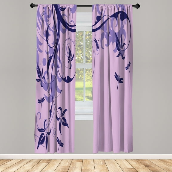 Ambesonne Dragonfly Curtains, Swirled Floral Branches, Pair of 28"x63", Dark Indigo