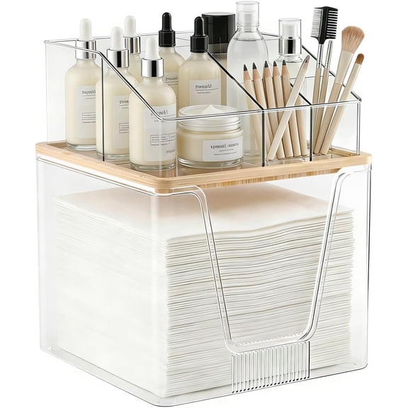 2-in-1 Disposable Facial Towel Holder & Cosmetic Organizer – Clear Storage with Bamboo Lid, Compatible with Clean Skin Club Towel XL, Vanity Counter Bathroom Organizer