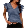 thumbnail image 2 of Pounoo Women's Striped Tees V Neck Short Sleeve Ruffle Sleeve Casual Tops Summer Loose Fit Comfy Tunics Gift, 2 of 6