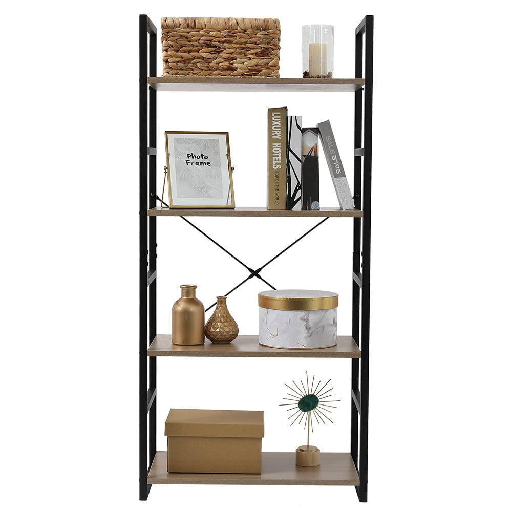Kepooman 4Tier Tall Bookcase, Rustic Wood and Metal Standing Bookshelf