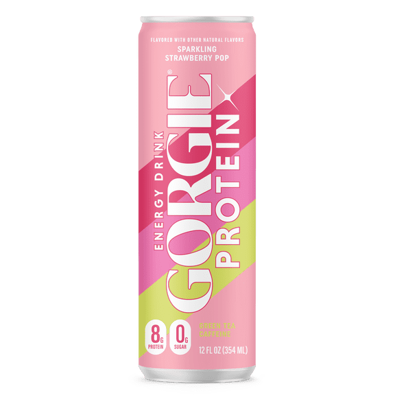 GORGIE Protein Sparkling Energy Drink, Strawberry Pop, 0 Sugar, Natural Caffeine from Green Tea, 12 fl oz Can