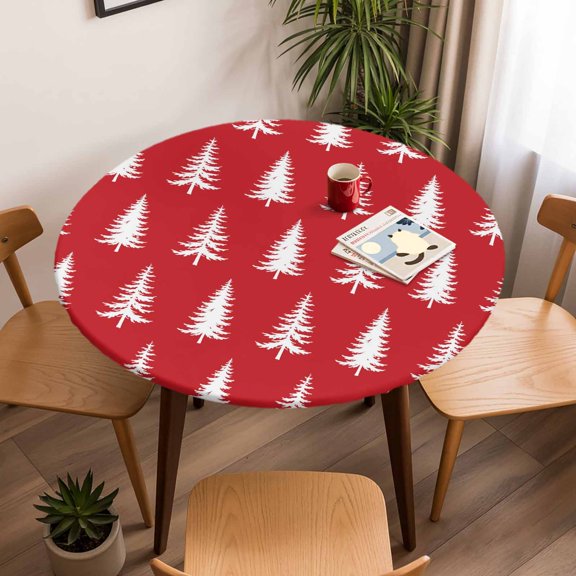 Round Fitted Tablecloth with Elastic Edge, Christmas Tree White Sketch Fitted Table Cloth for Round Tables 45-54in, Seamless Pine Trees on Red Waterproof Tablecloth for Outdoor Picnic Party