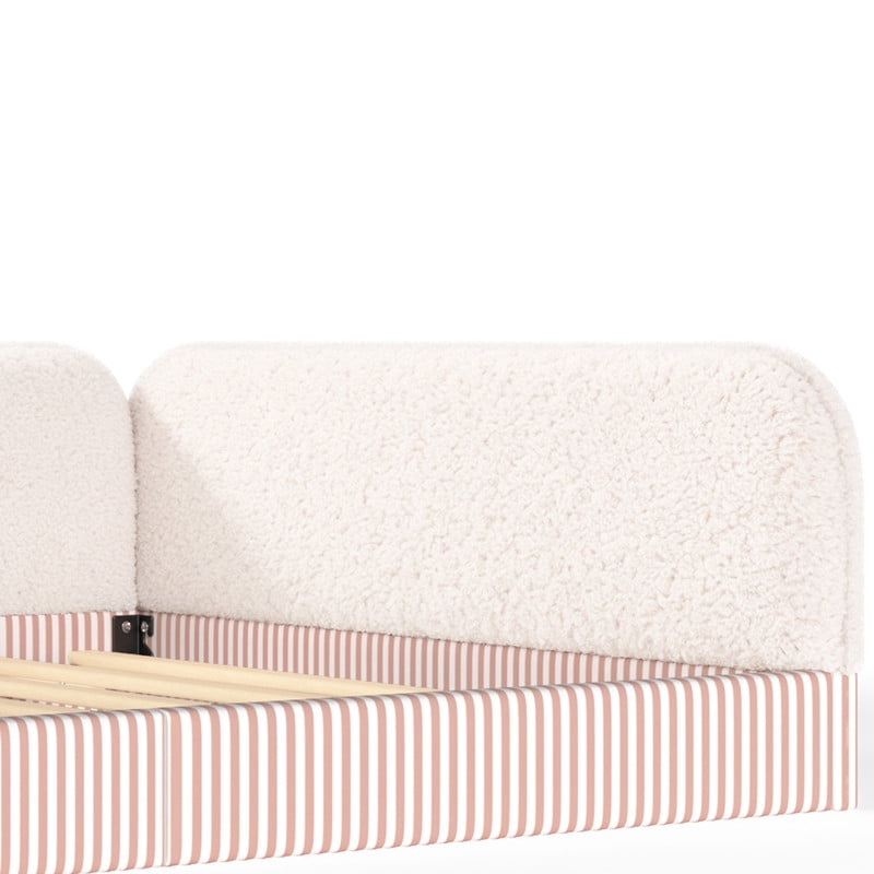 Queen Size Upholstered Floor Daybed Frame for Kids, Half-Enclosed Montessori Platform Bed with 3-Sided Surrounding Guardrails
