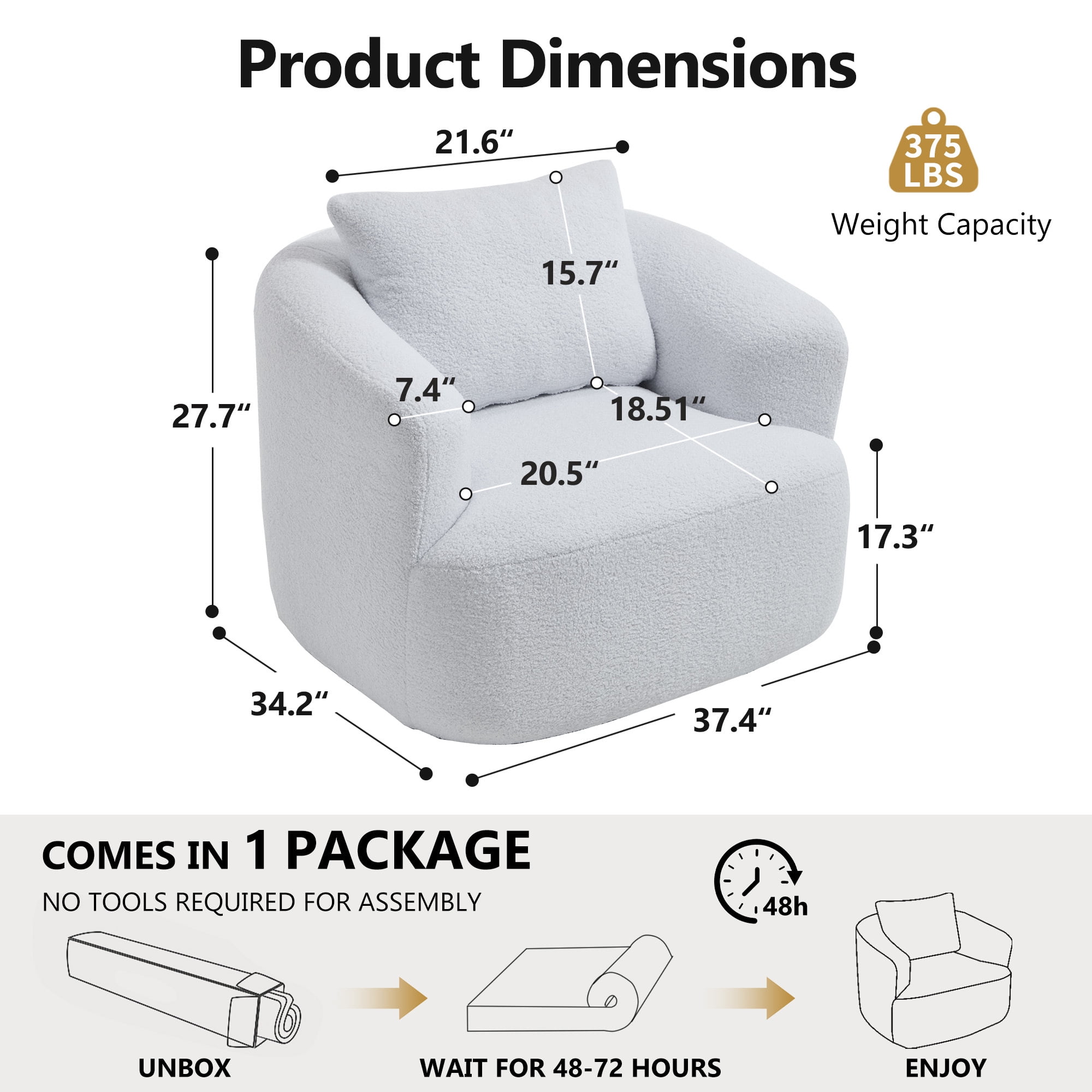 Swivel Accent Chair,360° Round Upholstered Armchair with One Soft Pillow,Teddy Fleece High-Resilience Sponge Single Sofa for Living Room, Bedroom, Apartment,No Assembly,White