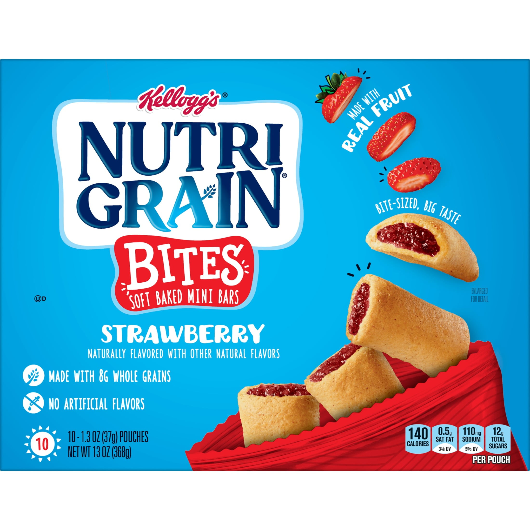 Nutri-Grain Bites Soft Baked Mini Bars, Kids Snacks, Whole Grain, Strawberry, 13oz Box (10 Pouches)