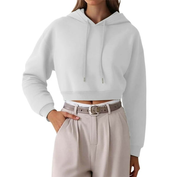 Crop Hoodie for Women Pullover Casual With Pockets Drawstring Spring Summer Fall Fall Clothes Tops Hooded Sweatshirts White XS