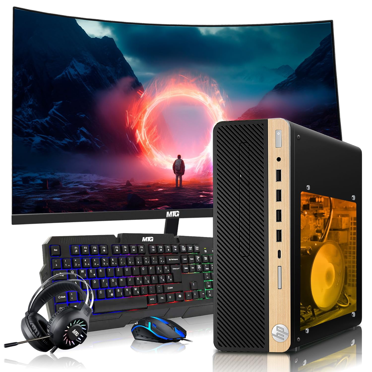 Restored HP Half Light Gaming PC Desktop Computer – AMD Pro A10-9700,RX 550 Graphics,16GB RAM,1TB SSD,24 Inch Curved Monitor,RGB Keyboard with AI Copilot,Mouse,WiFi,RGB Headphone,Windows 11