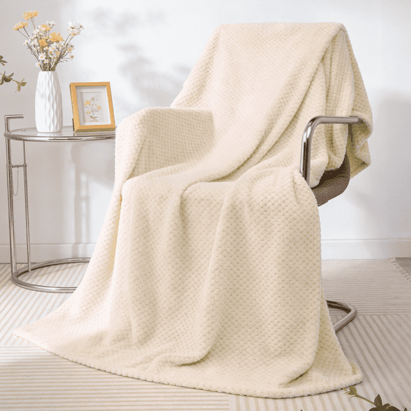 Throw Blanket, Beige Decorative Throws with Waffle Wave Design, Super Soft Fuzzy Blankets 260GSM,Lightweight and Breathable Throws for Couch Sofa Chair Bed, Great for Gift,Travel, Office