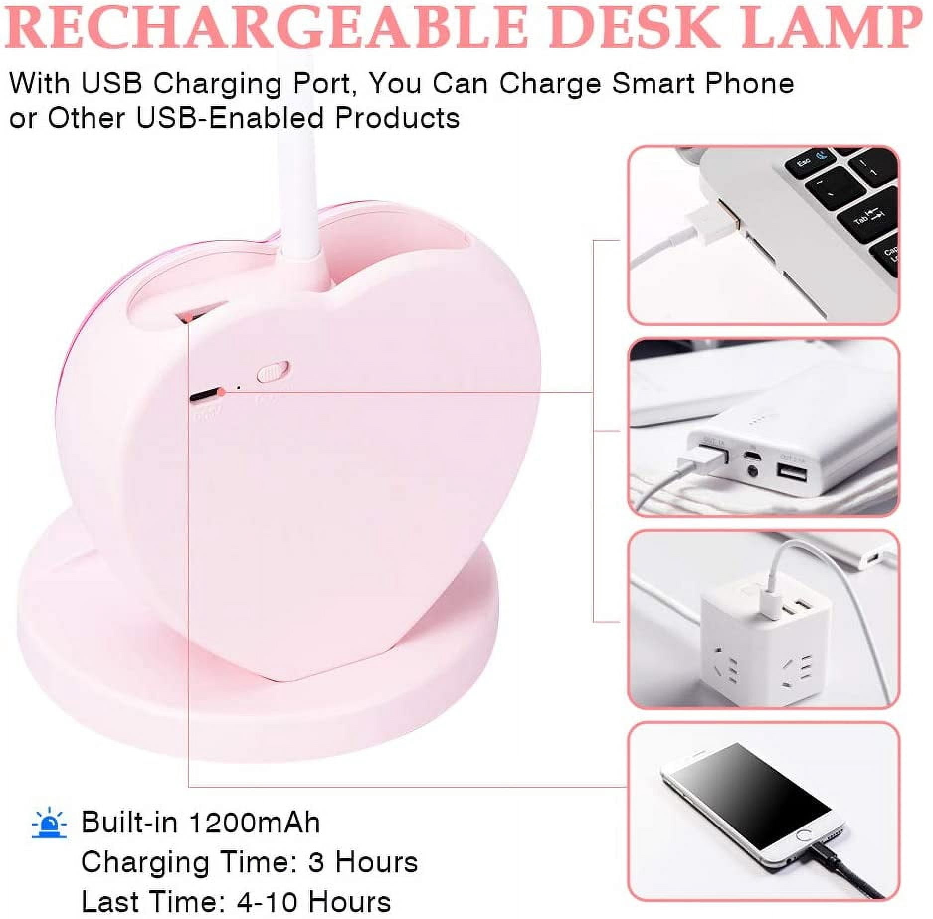 LED Desk Lamp for Kids, Small Desk Lamp with USB Charging Port & Pen Holder and Phone Stand, Cute Lamp with 2 Color Modes,Eye-Caring Study Table Lamp Pink for Girls College Dorm Bedroom Reading