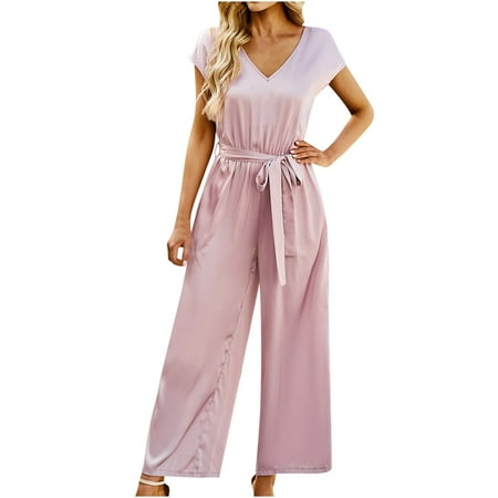 

Summer Savings Clearance! PEZHADA Bodysuit for Women Jumpsuits for Women Rompers for Women Women s Fashion Casual Spring And Summer Solid Color V-Neck Short Sleeve Jumpsuit Pink L