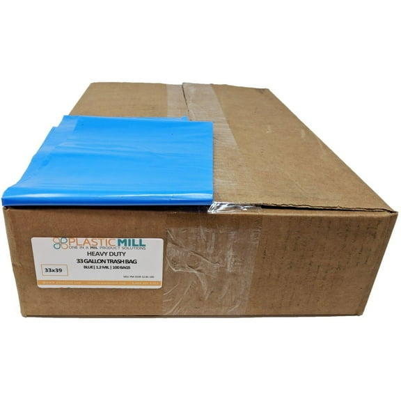 PlasticMill 33 Gallon, Blue, 1.2 MIL, 33x39, 100 Bags/Case, Garbage Bags / Trash Can Liners.