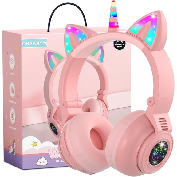 Unicorn Kids' Bluetooth Headphones,Foldable Wireless Headphones for Children with Cable and Microphone Earphones Volume Control,Unicorn-Inspired Gift Design for Birthday Gift & Christmas (pink)