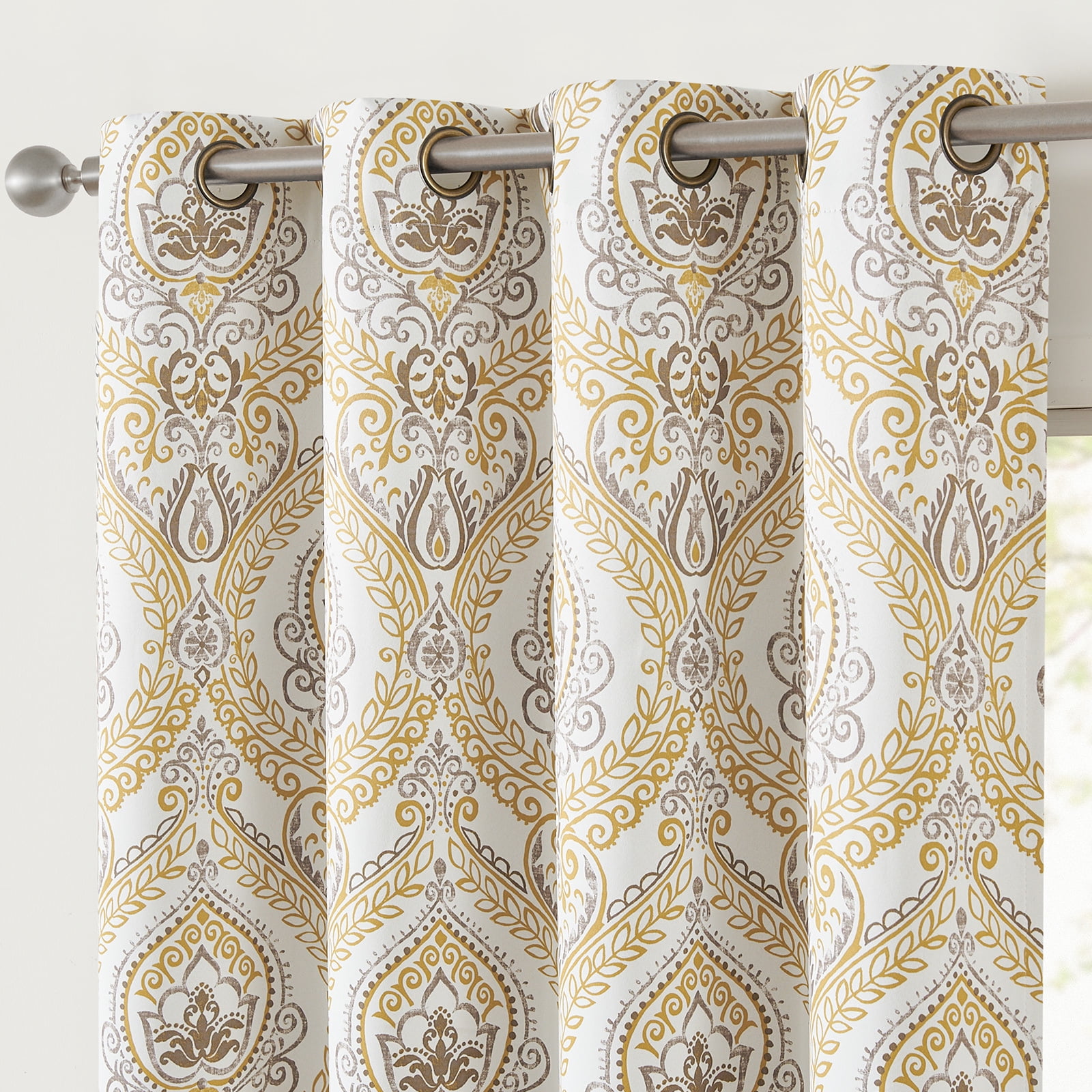 Curtainking 100% Blackout Curtains 84 in Yellow Damask Medallion Window Curtains for Bedroom Grommet Thermal Insulated Drapes for Living Room Vintage Luxury Window Treatments Set 2 Panels