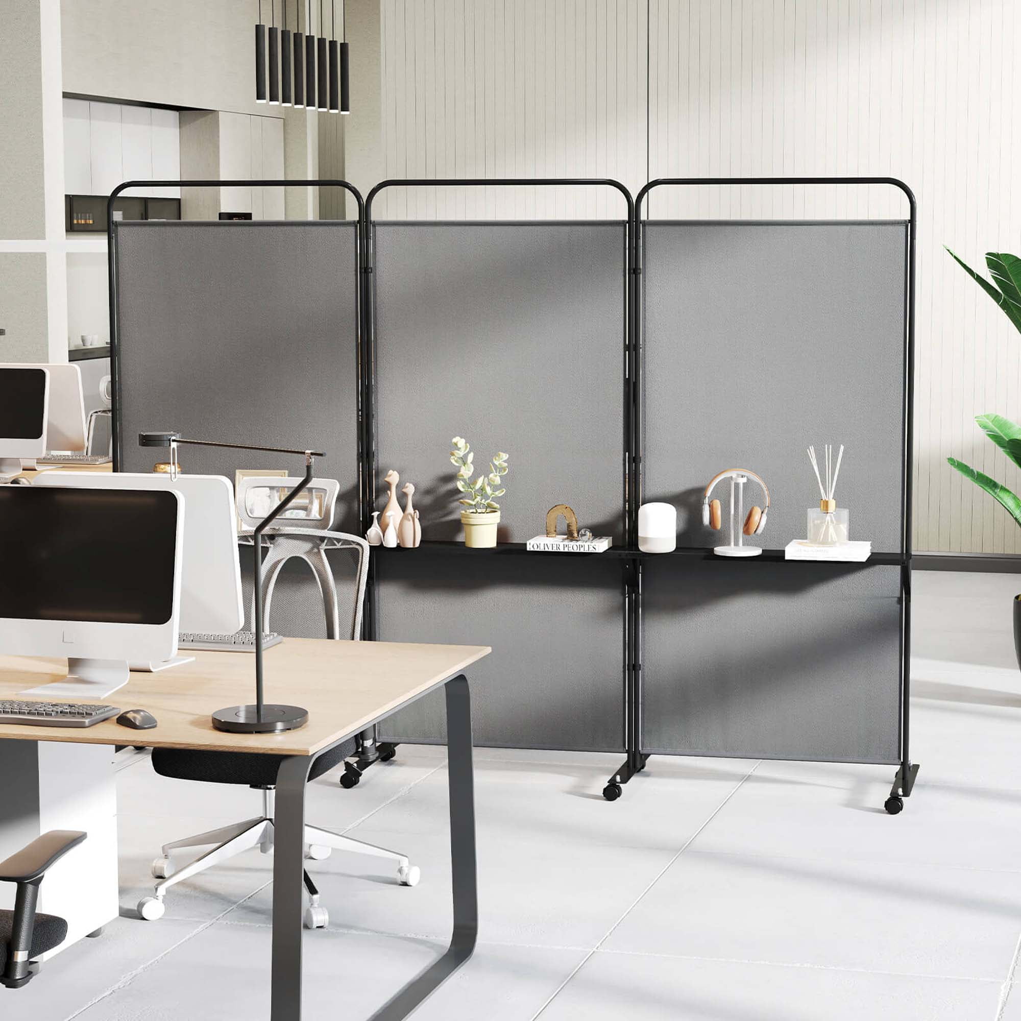 Costway 3-Panel Room Divider with Storage Shelves 6FT Tall Folding Privacy Screen on Wheels Gray