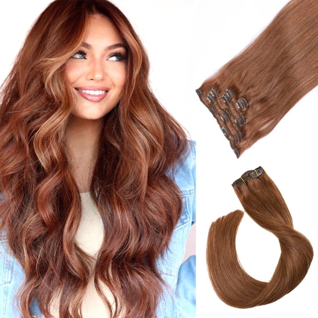 Extensiones de cabello con clip Cabello humano 7 piezas 70 g Set # 30 Castaño medio Sedoso Recto Grado superior 7A Extensiones Remy Cabello con clip para mujeres