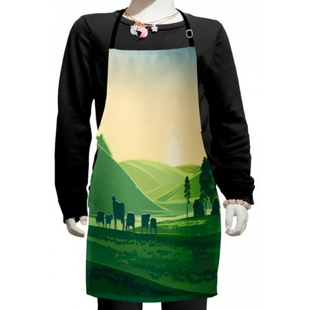 

Country Kids Apron Silhouettes of Cows Feeding on a Grassland Boys Girls Apron Bib with Adjustable Ties for Cooking Baking Painting Green Champagne by Ambesonne