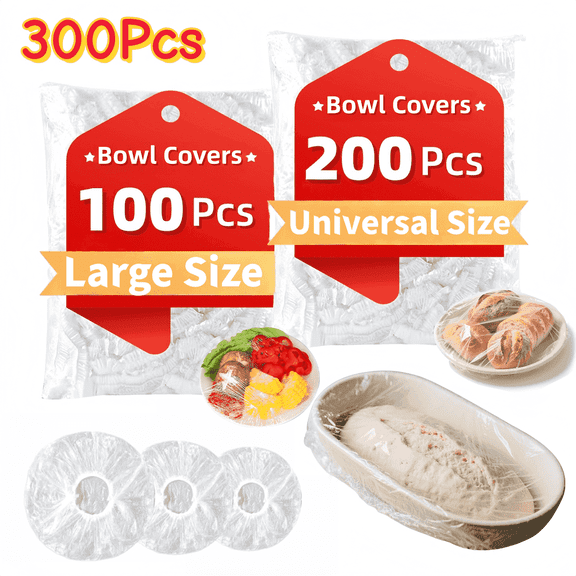 ChrumpTon 300Pcs Plastic Bowl Covers, Disposable Elastic Stretch Food Covers, Two Sizes, Fits Bowls up to 8" & 13", Food Storage, Bread Proofing, Kitchen and Outdoor Use
