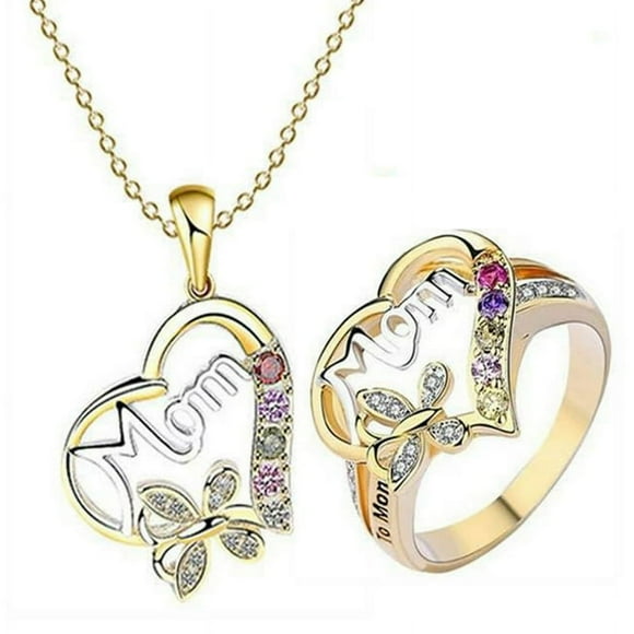 2PCS Best Gifts for Women Mom Necklace Ring Set Birthday Mothers Day Jewelry Gifts for Mom Grandma from Daughter Son