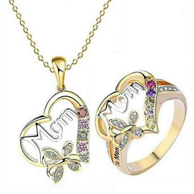 2PCS Best Gifts for Women Mom Necklace Ring Set Birthday Mothers Day Jewelry Gifts for Mom Grandma from Daughter Son