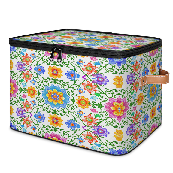 CURLYOOT Mexican Floral Fabric Storage Bins with Lids, Boho Flower Foldable Storage Boxes Washable Storage Cube, Closet Bedroom Home Organizer Containers with PU Leather Handles