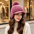 thumbnail image 4 of Fleece Beanie Hats with Earflaps Visor Brim Winter Knit Ski Cap Winter Hats for Women Pom Pom Ball Purple One Size, 4 of 5