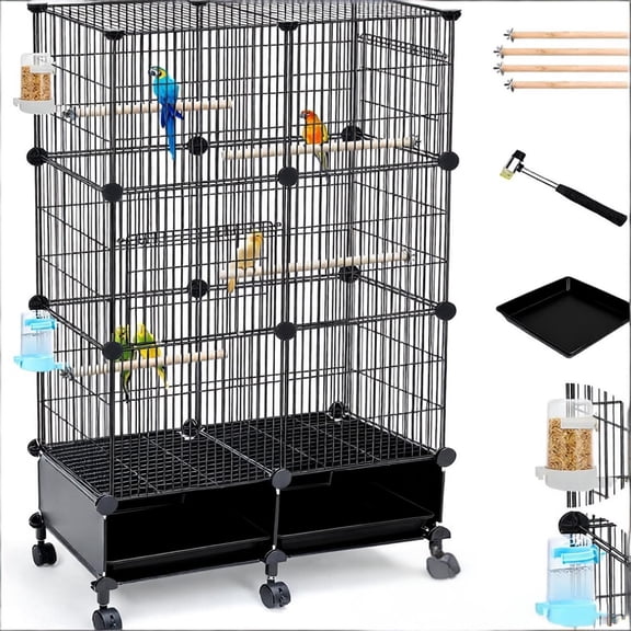 46 inch Bird Cage, with Wooden Perches, Metal Parakeet Cage with Slide-Out Tray, Water Bottle&Feeder, Cage for Small Mid-Sized Birds
