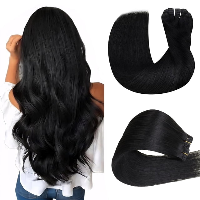 Extensiones de cabello humano real Hetto Jet Black con clip, 18 pulgadas
