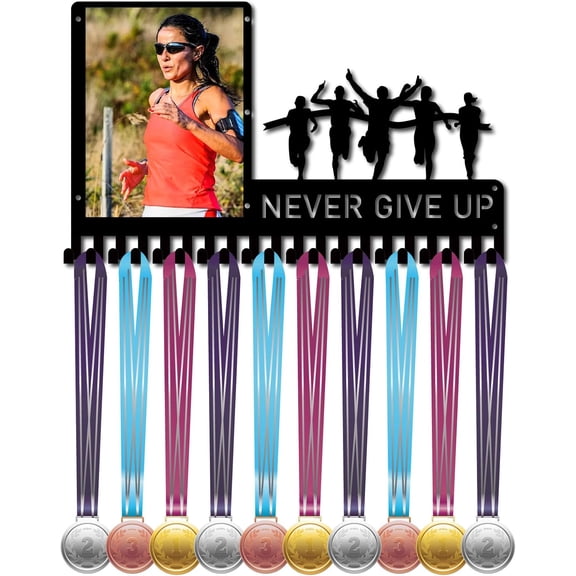 Medal Hanger Display Rack with Photo Frame Metal Sports Hanging Athlete Awards Wall Mount with 20 Hooks for Competition Ribbon Medals Black 16.5x9.8Inch for DIY