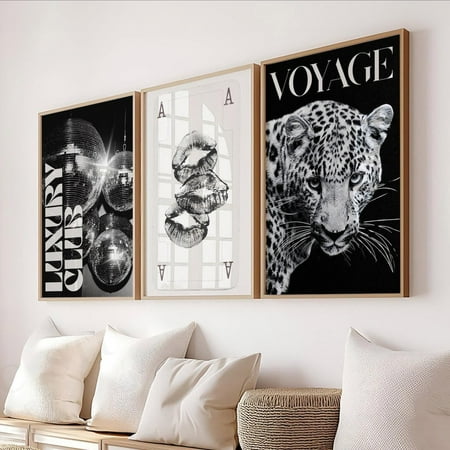 UNFFRAMED Trendy Black And White Gallery Wall Set Fashion Stylish Posters Leopard Decor Office Aesthetic Girly Wall Art Fashion Magazine Set 3 Prints 8x12