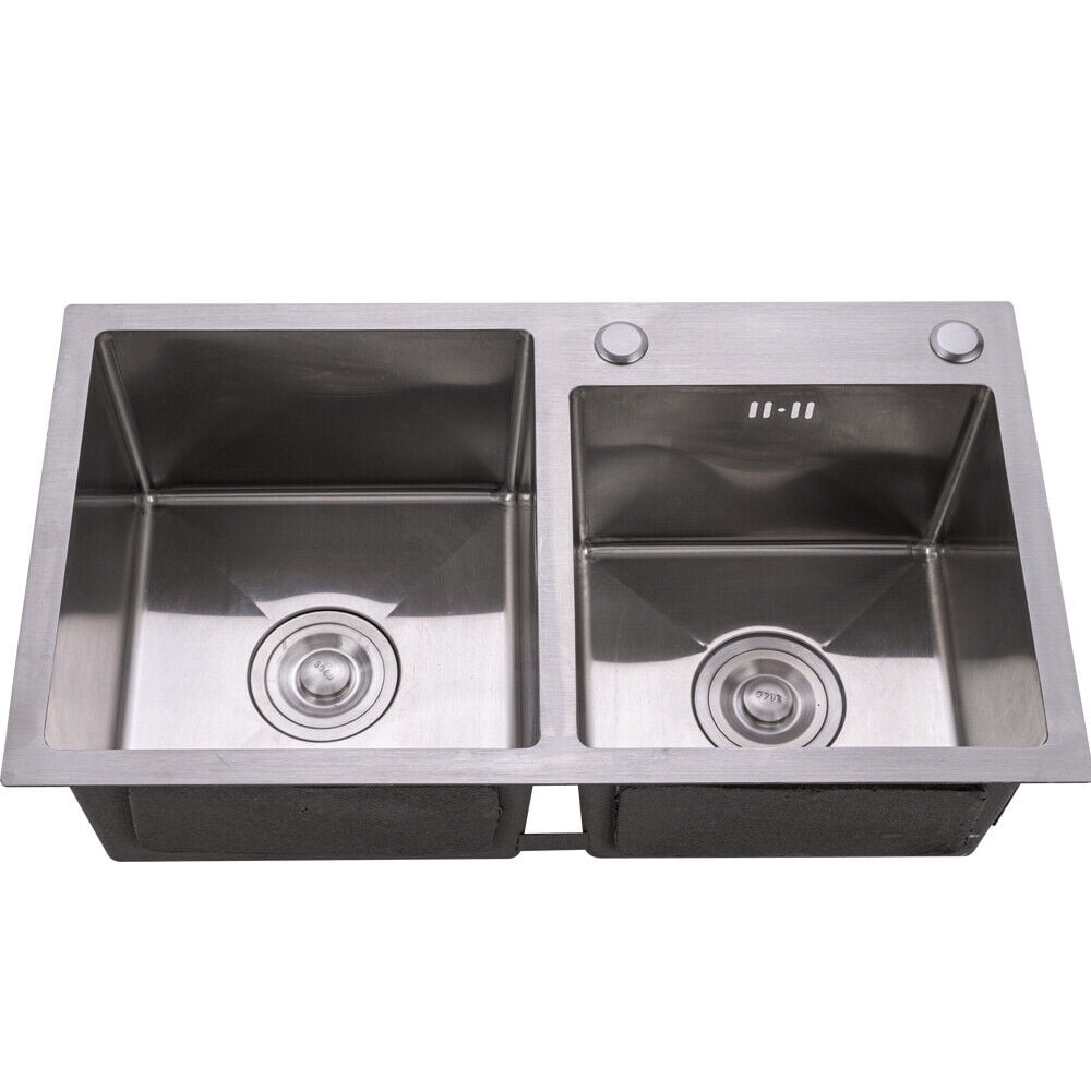 DENSET Silver Stainless Steel 30in Square Double Bowl Sink