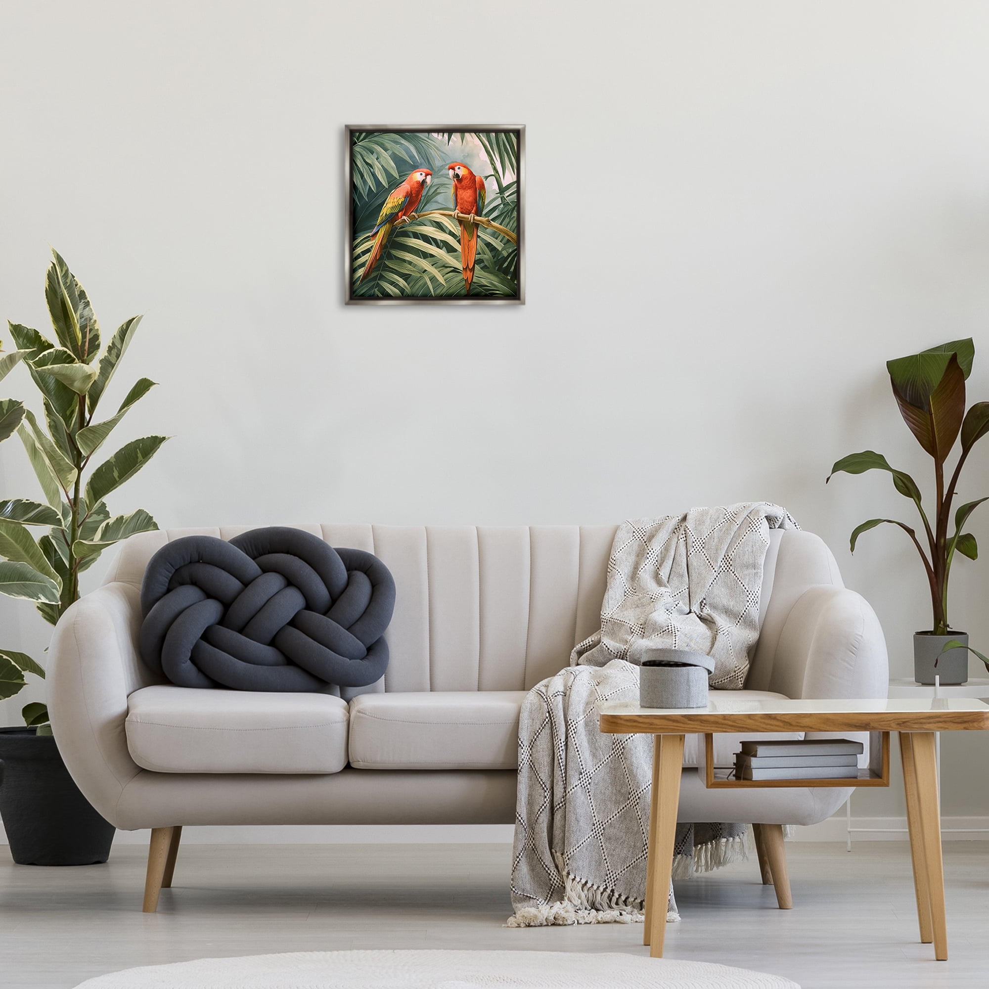 Stupell Industries Parrot Duo in Rainforest Animals Painting Gray Floater Framed Canvas Art Print Wall Art, 18 x 18