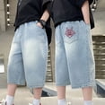 thumbnail image 2 of Huowey Boys Summer Denim Shorts Unique Patchwork Vintage Ripped Distressed Jeans Pants Wide Leg Elastic Waist Washed Fashionable Baggy Half Cargo Jeans Trousers Elegant Clothes,Blue,10-11 Years, 2 of 9