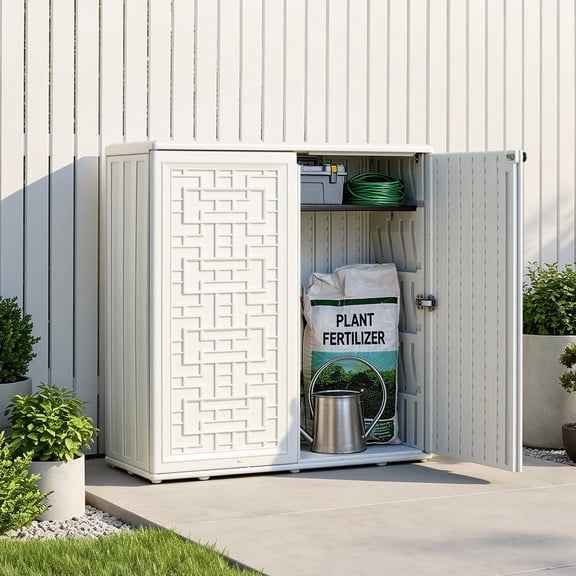 VEVOR Outdoor Storage Shed 8 Cu Ft Waterproof Resin Storage Cabinet White, for Garage, Backyard Patio Accessories & Garden Tools, Outside Lawn Mower Shed with Adjustable Shelf, Lockable Doors & Floor