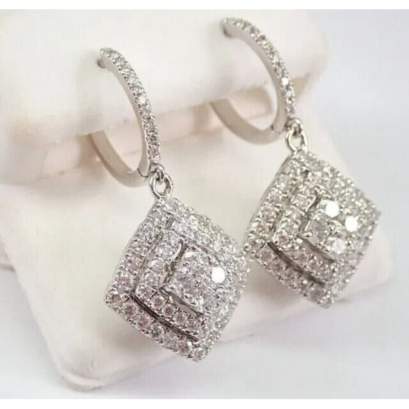 2Ct Round Cut Lab Created Diamond Cluster Engagement Drop Dangle Earring For Women's 14K White Gold Plated 925 Sterling Silver
