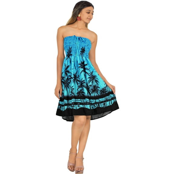 HAPPY BAY Women's Summer Boho Beach Backless Smocked Mini Swing Dress Tube Top Strapless Dresses for Women One Size Admiral, Palm Tree