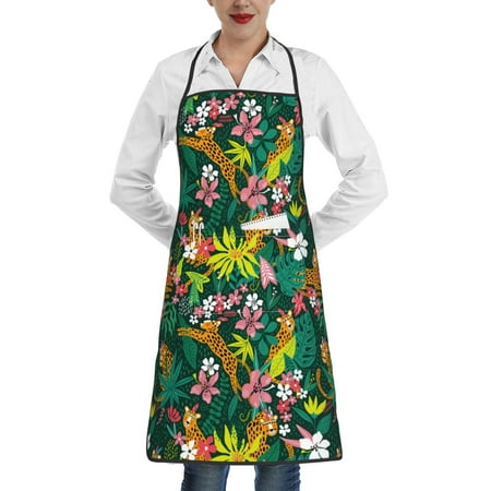 

Qekee Cute Tribal Leopards Print Adjustable Bib Apron Resistant with Pocket Cooking Kitchen Aprons for Women Men Server Chef Apron