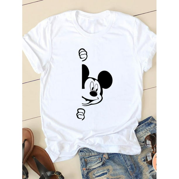 Disney Cartoon Tee Shirt Mickey Mouse Women Short Sleeve Print Love Sweet Cute 90s Clothing Casual Fashion Graphic T-shirtsXL Gao Jinjia LED