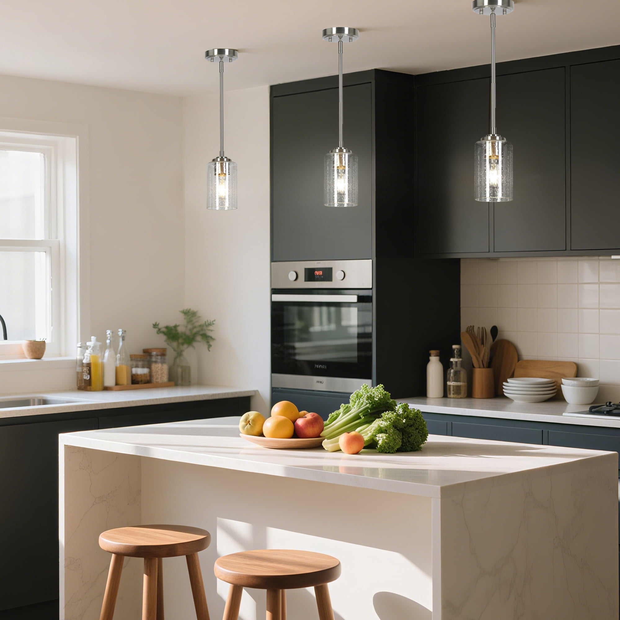 LNC 1-Light Mini Nickel Pendant Light,Cylinder Seeded Glass,60W Medium Base,Dimmable,Adjustable Height,for Kitchen Island,Sink
