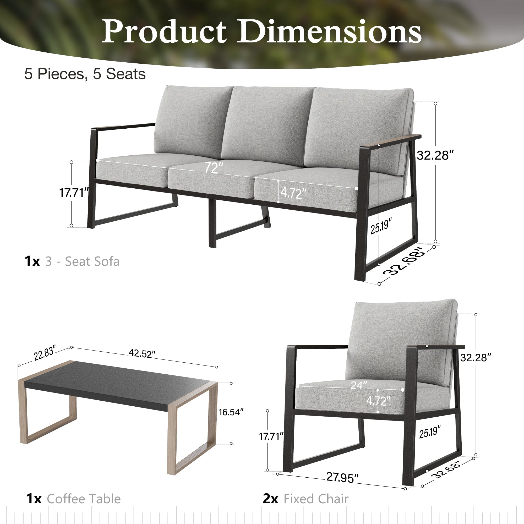 Sophia&William 5 Seat Patio Conversation Set Modern Metal Outdoor Cushioned Furniture Set with Wider Chairs & Color-blocking Coffee Table, Gray