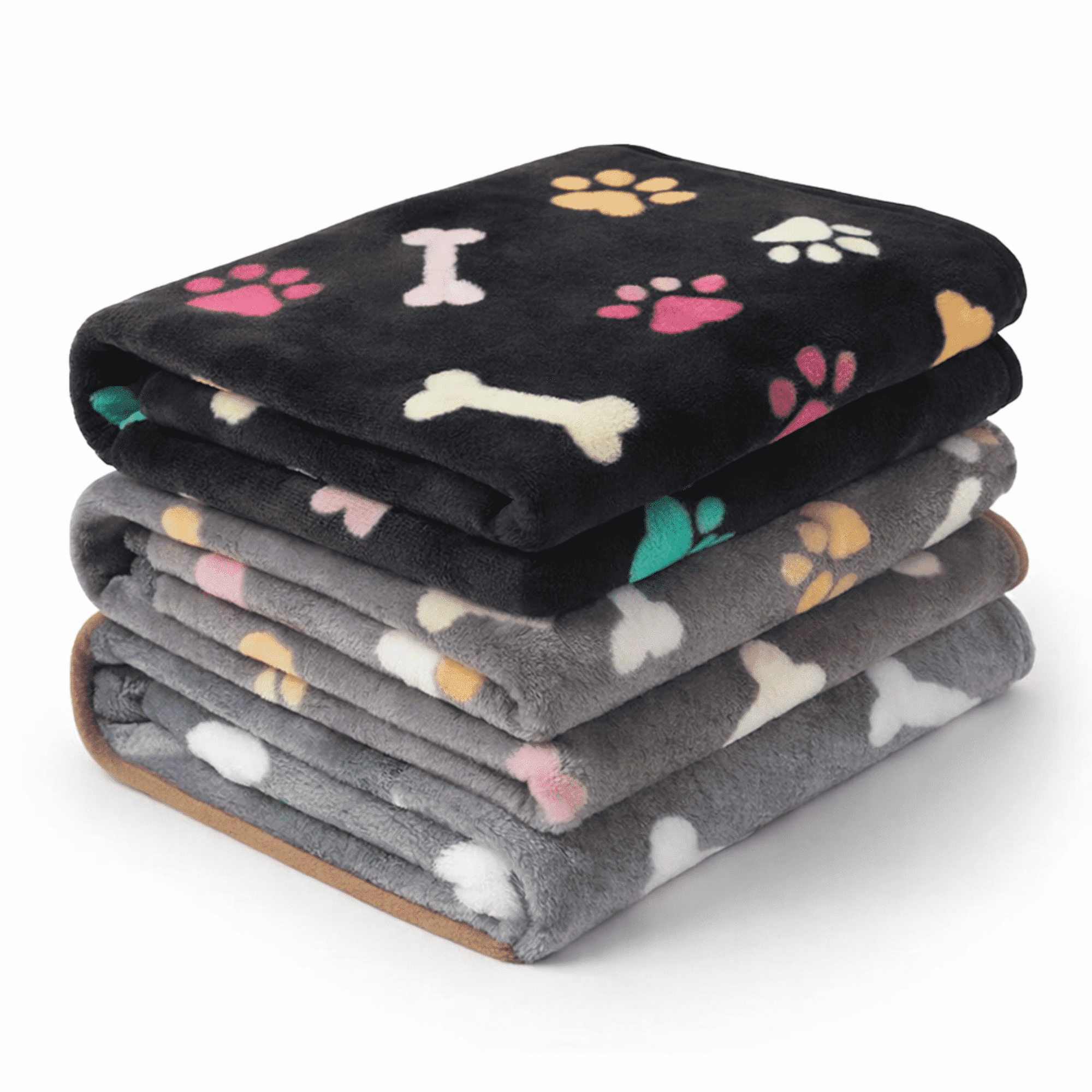 MGEZCOO Soft Fleece Dog Blanket Set, 3 Pack Rectangular Pet Blankets, Warm Coral Fleece Puppy Blanket for Dogs & Cats, Washable, Paw & Bone Print