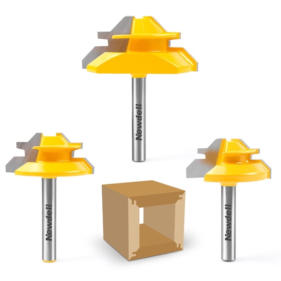 Juego de brocas Lock Miter para fresadora Newdeli, 45 grados, 3 piezas, vástago de 1/4 pulgadas