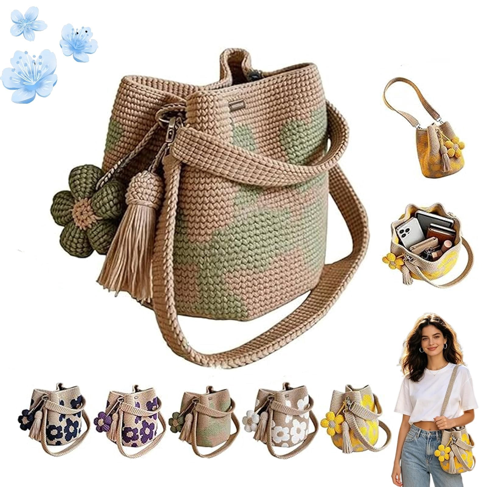 Handmade Crochet Flower Tote, Boho Knit Floral Woven Purse Bag, Hand Woven Knit Shoulder Crossbody Bag for Women Summer Beach Vacation, Large Capacity Woven Bag