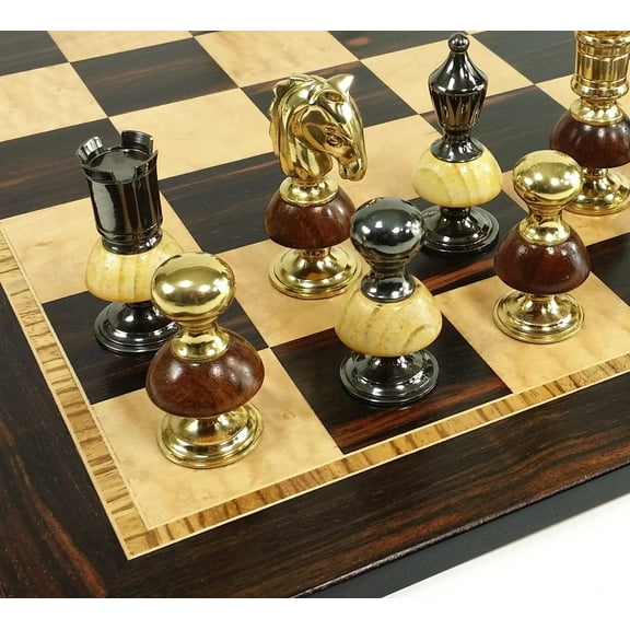 BRASS METAL Gold Black Chrome Royal Staunton Chess Set W Large 20" Ebony Board