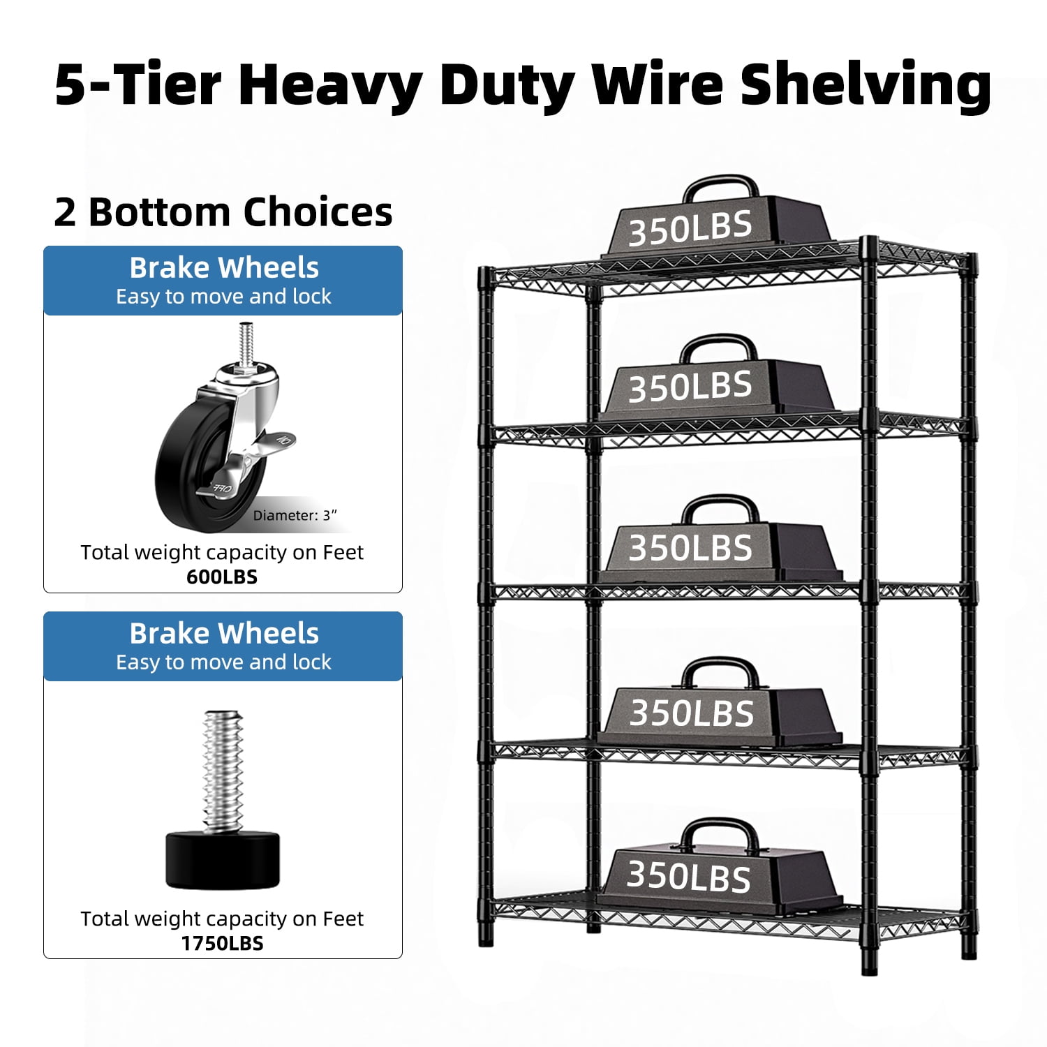 5-Shelf Storage Shelves, Wire Shelving Heavy Duty Metal Storage Shelving Unit Adjustable Garage Shelving Rack Pantry Kitchen (Black, 5 Tier, 17.7" D x 47.2" W x 75.6" H)