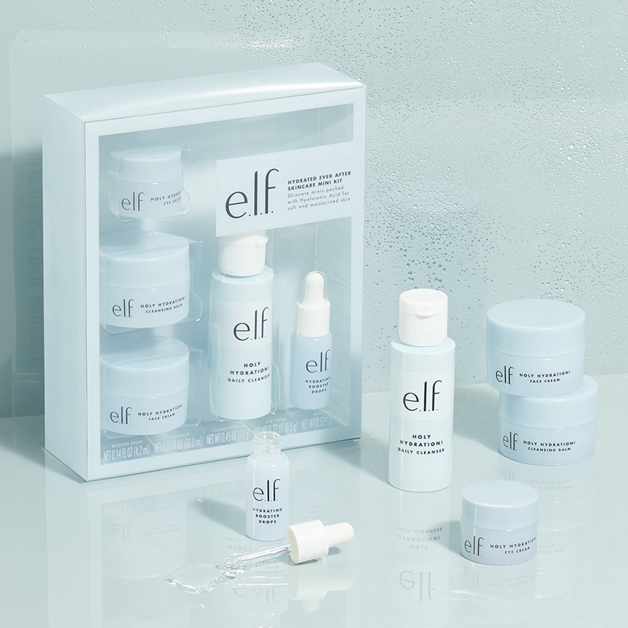 e.l.f. Hydrated Ever After Skin Mini Kit on blue background. Affordable skincare set. 