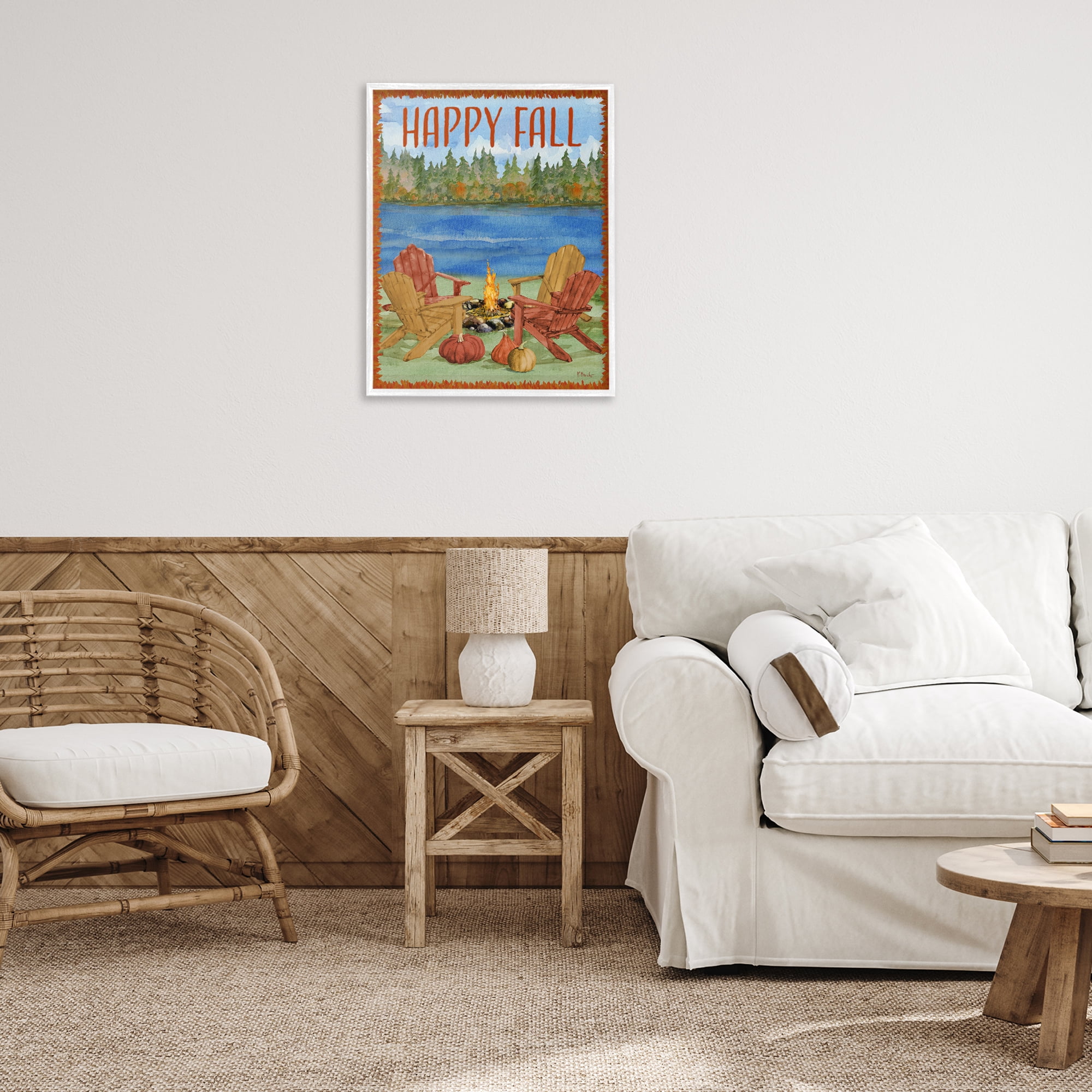 Stupell Industries Happy Fall Bonfire Holiday Painting White Framed Art Print Wall Art, 24 x 30