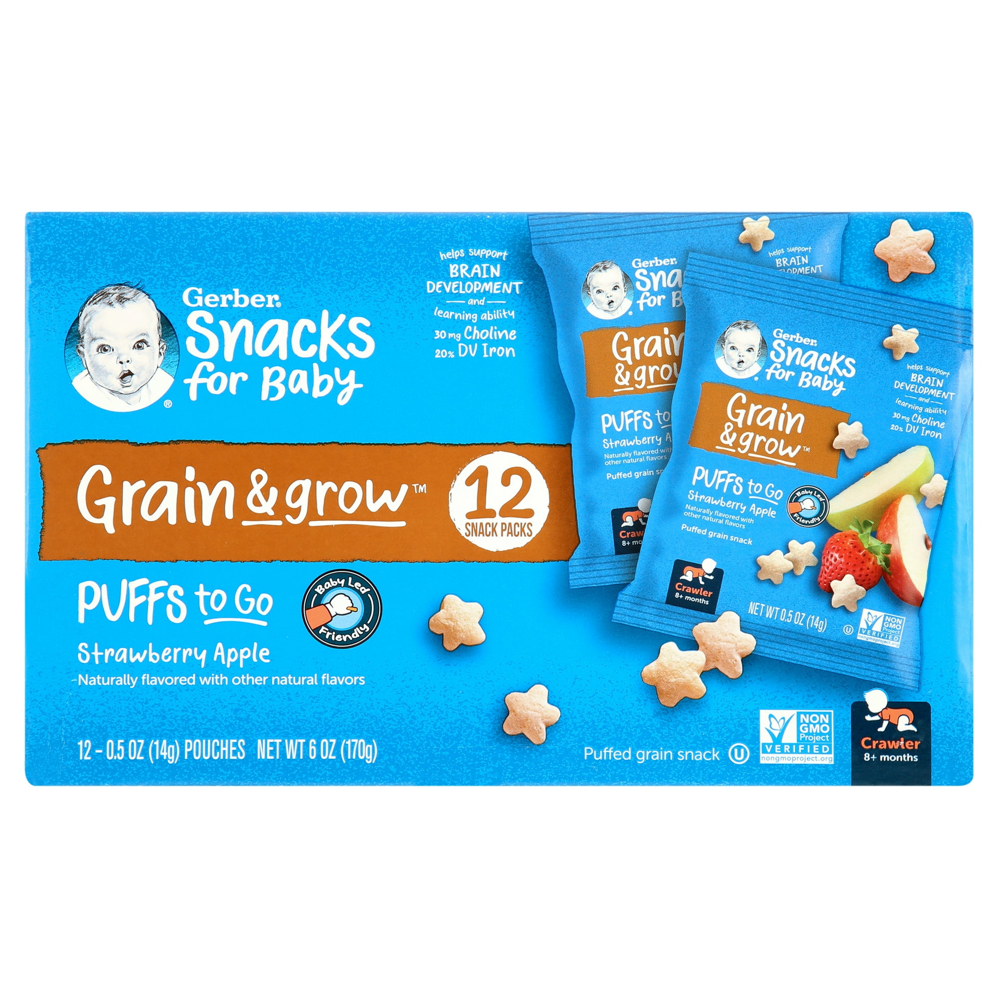 GERBER SNACKS FOR BABY GRAIN AND GROW Puffs To Go Strawberry Apple 6oz 12pieces Individually Serve Packets