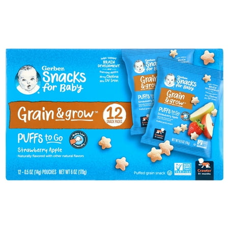 GERBER SNACKS FOR BABY GRAIN AND GROW Puffs To Go Strawberry Apple 6oz 12pieces Individually Serve Packets